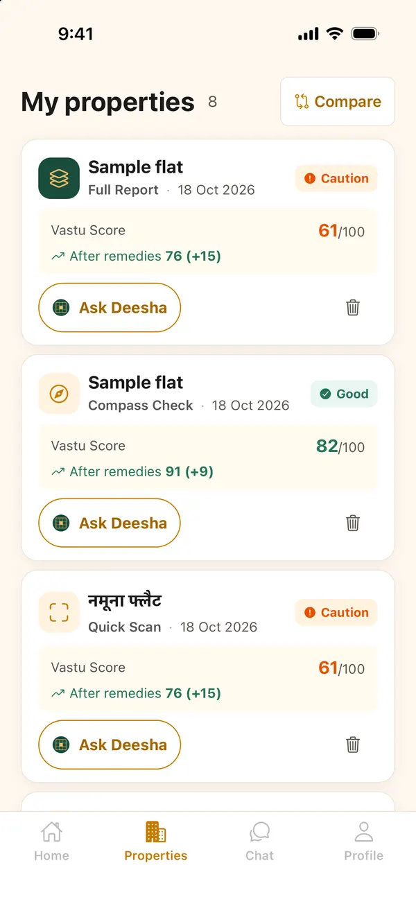 My properties list with the Compare button at the top right