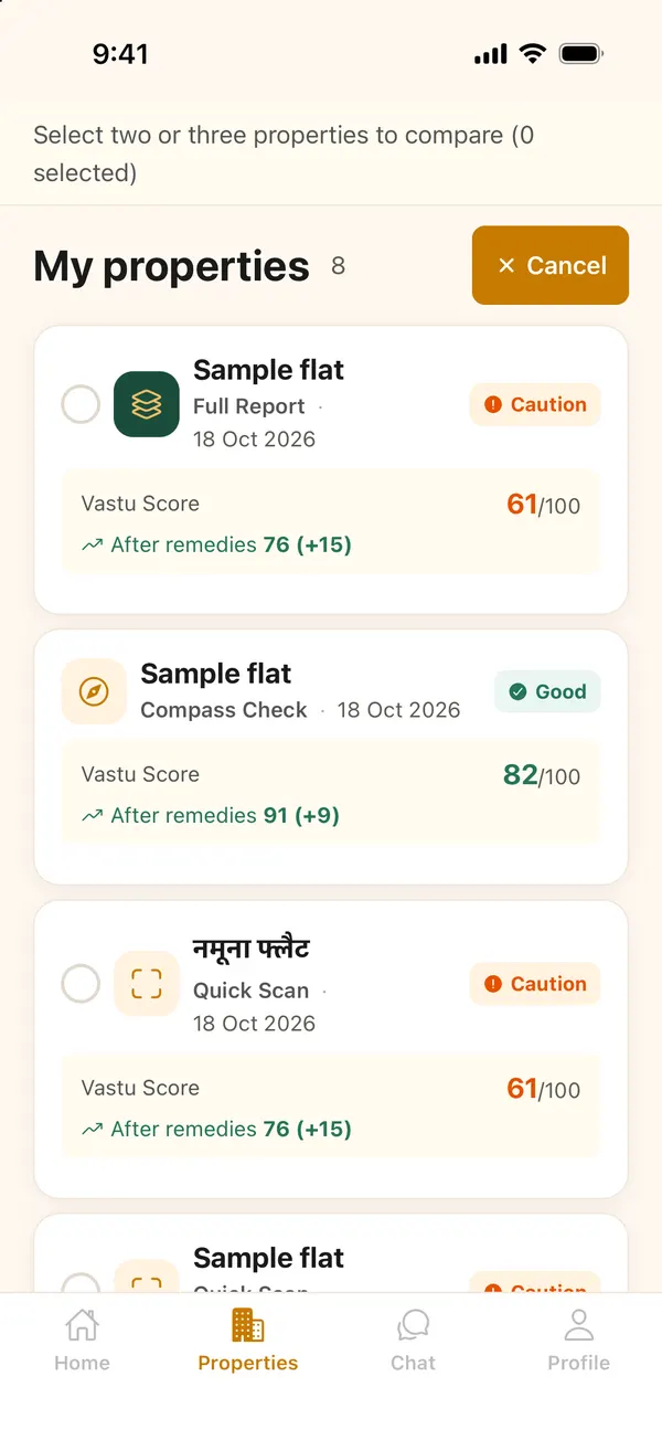 Compare mode, with a tick circle next to each property that can be compared