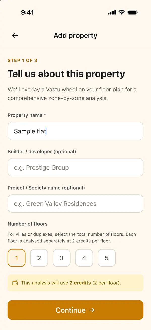 Step 1 of 3, naming the property, with the analysis using 2 credits