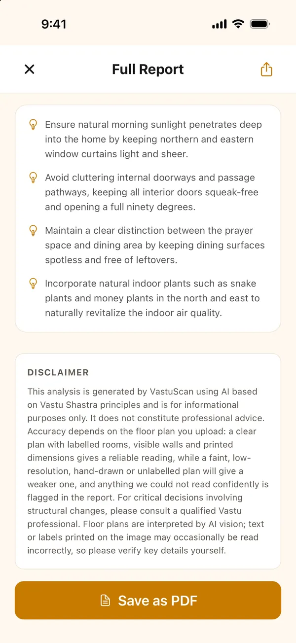The end of the report, with general tips, the disclaimer and Save as PDF
