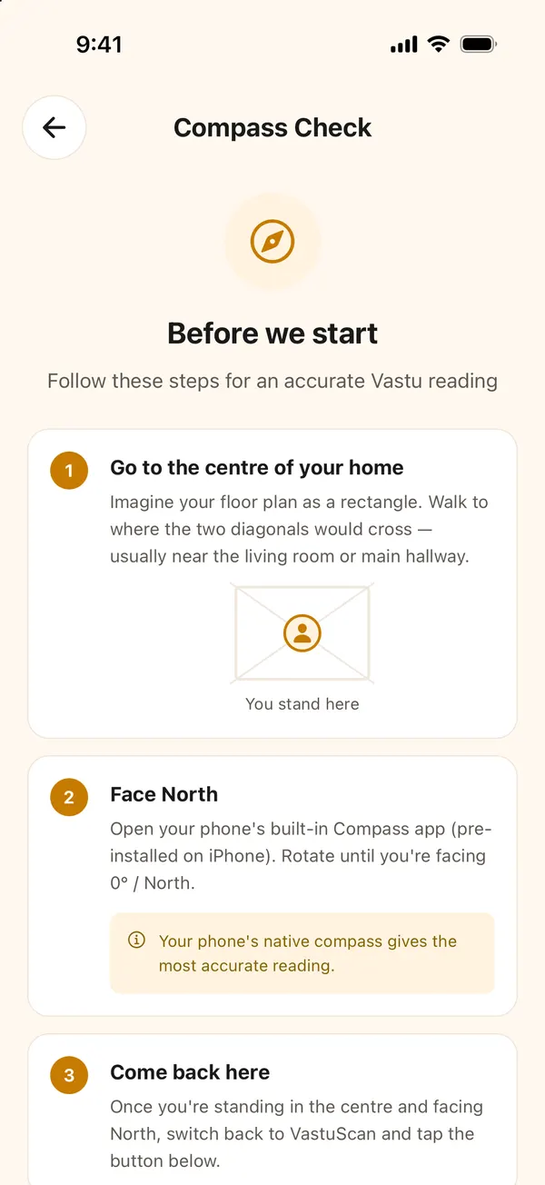 Compass Check's Before we start screen, asking you to go to the centre of the home