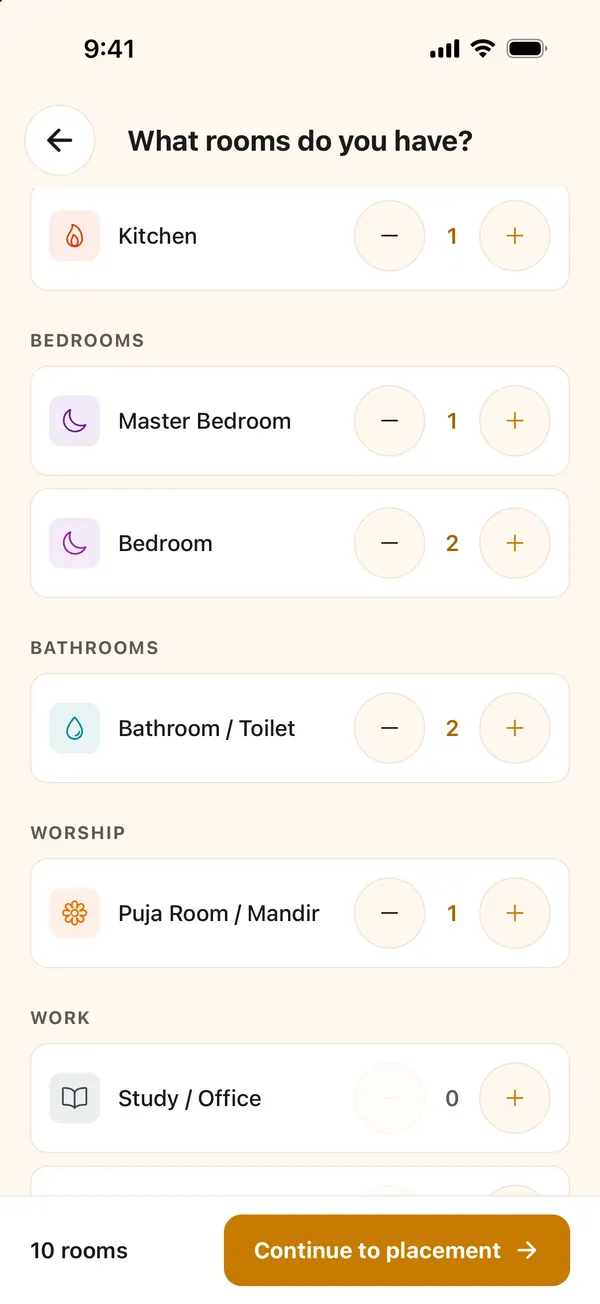 The room list with plus and minus buttons, showing kitchen, bedrooms, toilets and puja room added