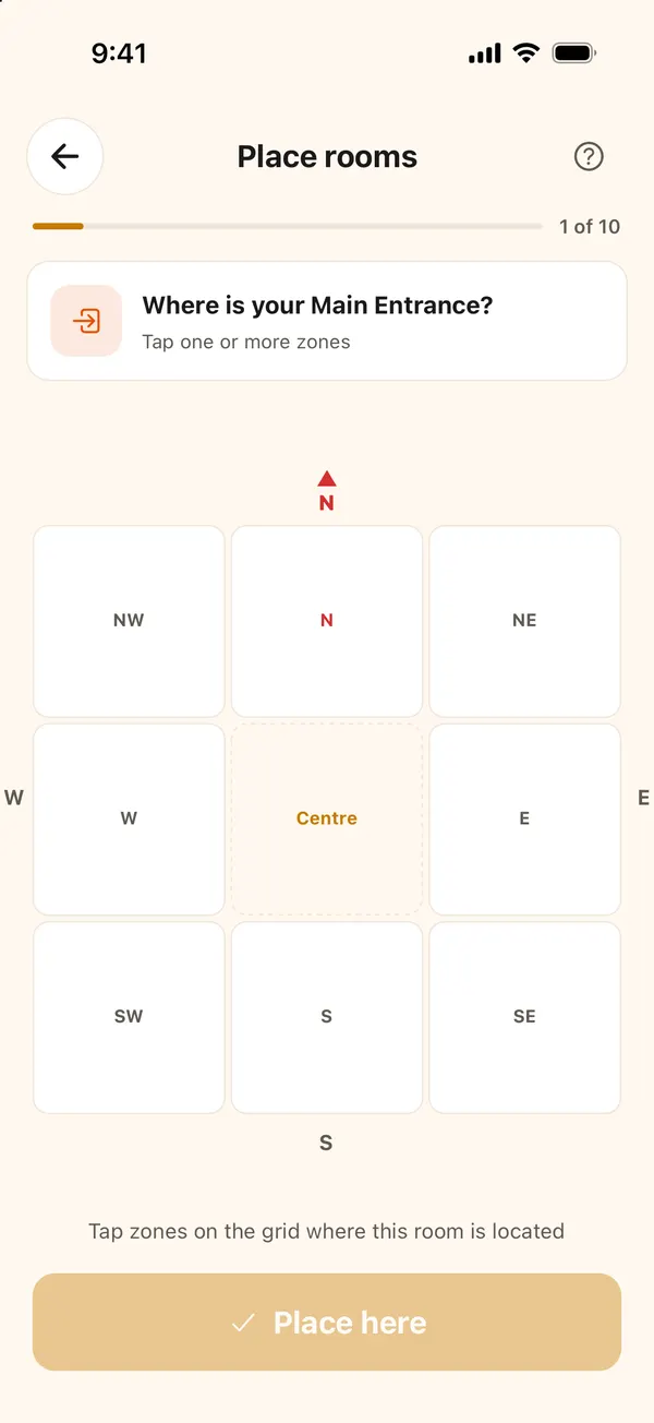 The 3 by 3 grid of zones with north at the top, asking where the main entrance is