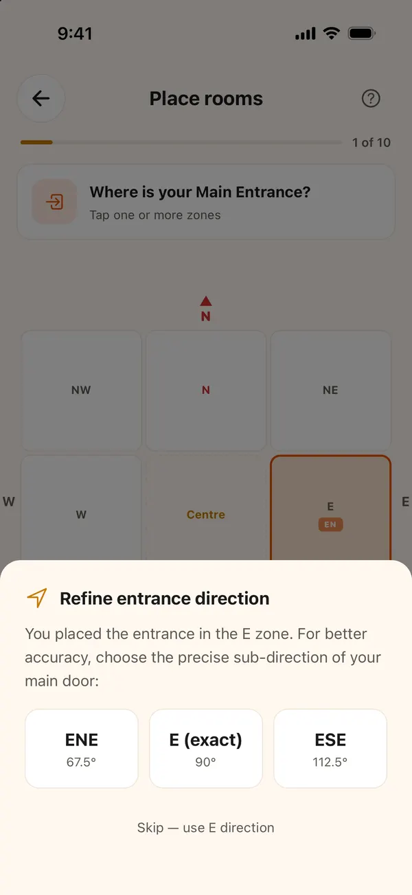 Refine entrance direction, offering ENE, E and ESE with their degrees