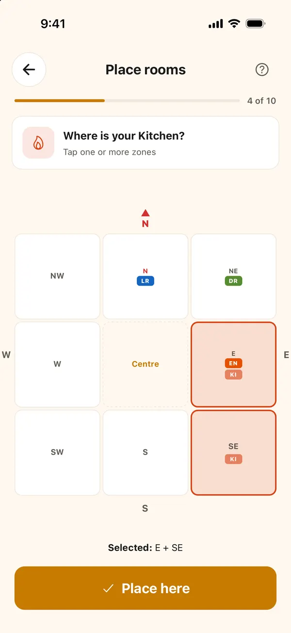 A kitchen that spans two zones, placed in both the east and the south-east