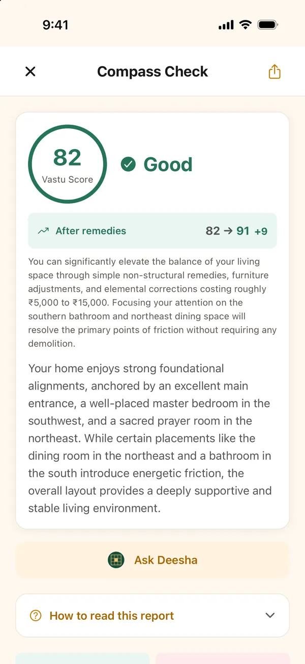 Compass Check result with a Vastu score of 82, Good, and 91 after remedies