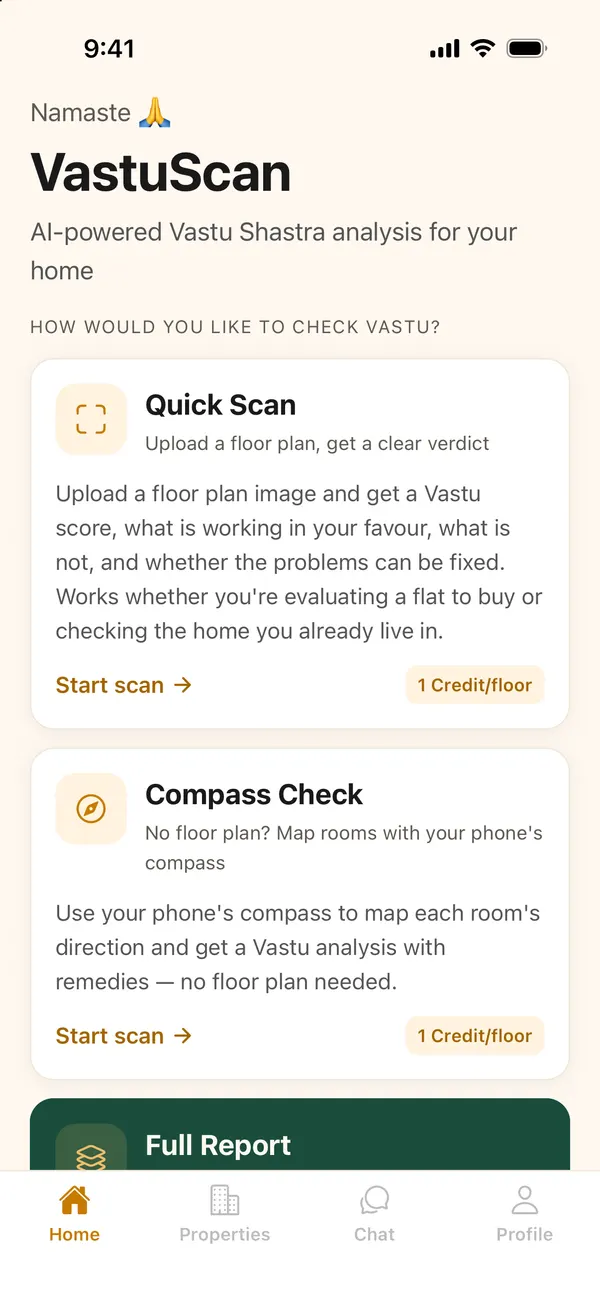 VastuScan home screen with Quick Scan, Compass Check and Full Report