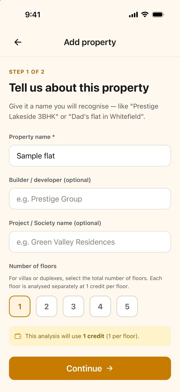 Add property screen with the name Sample flat and one floor selected