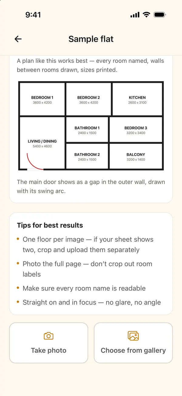 Upload step with tips for a readable plan and Take photo or Choose from gallery buttons