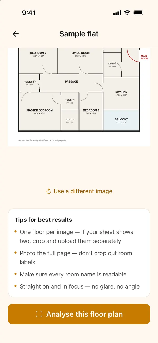 The sample floor plan loaded, with the Analyse this floor plan button