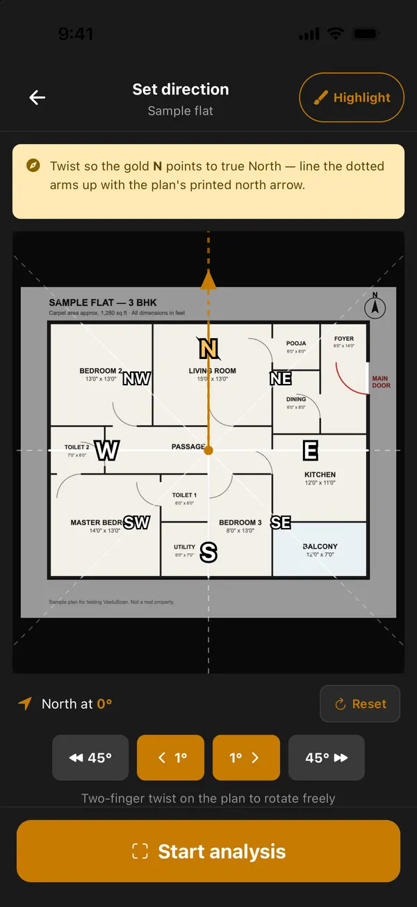 Set direction step with north at 0 degrees, matching the plan's north arrow