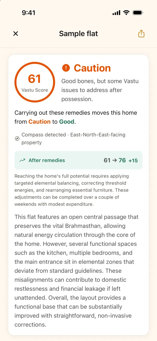 Report summary showing a Vastu score of 61, Caution, and 76 after remedies