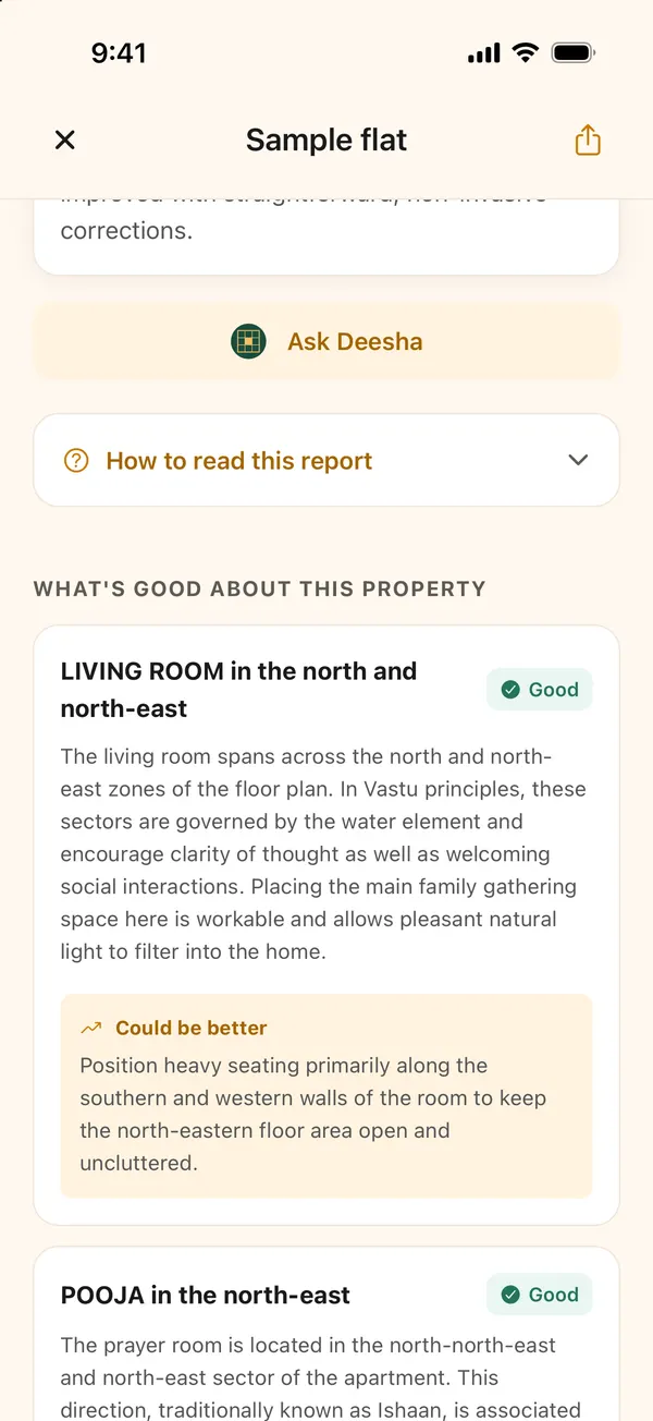Report section listing what is good about the property, room by room