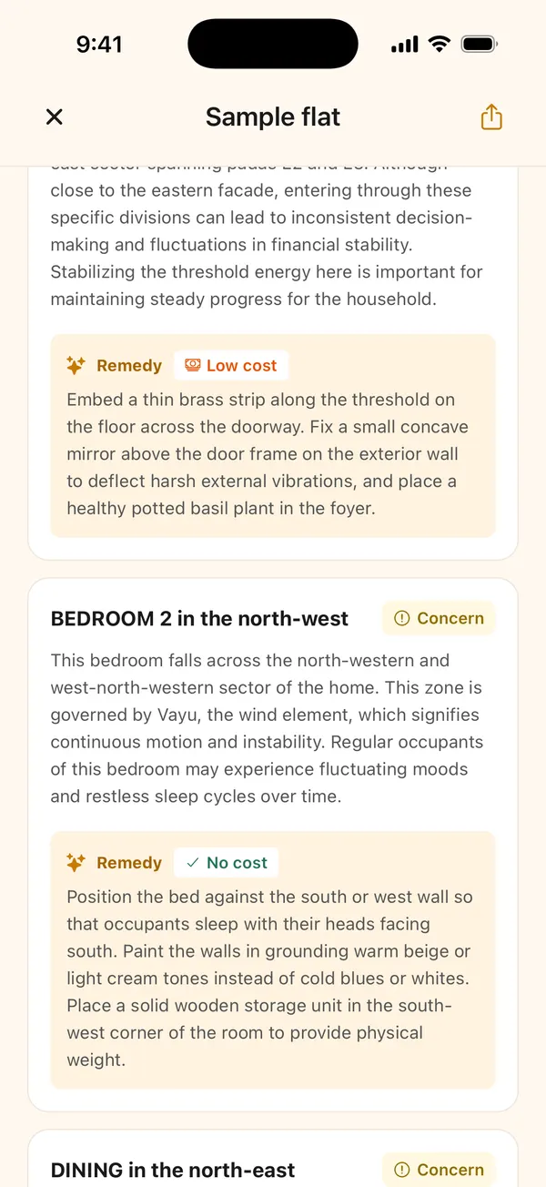 Report section with a room marked Concern and its remedy, labelled low cost or no cost