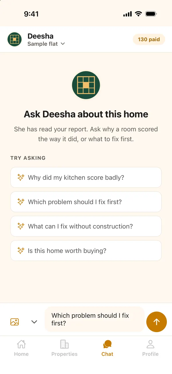 Ask Deesha screen with suggested questions about the scanned home